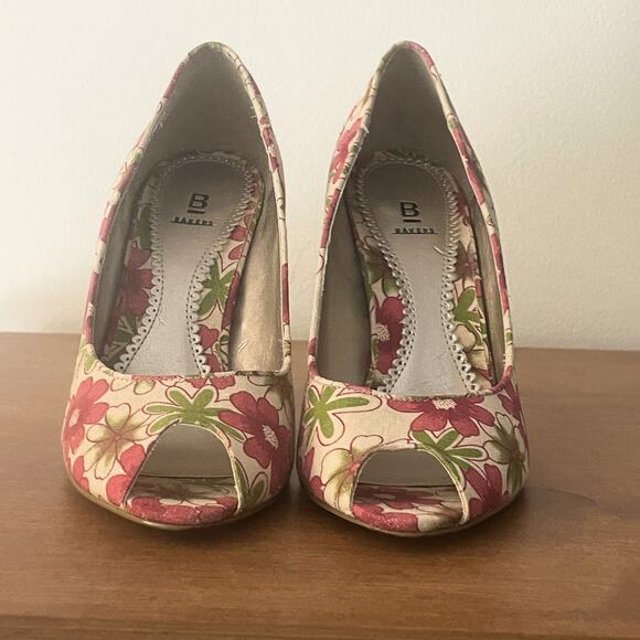 Bakers Floral Heels Womens Size 7 Multicolor Peep Toe Pink Green Shoes - Picture 2 of 6